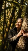 Senior woman embracing tree trunk in peaceful forest setting, connecting with nature through mindful outdoor meditation and environmental appreciation.