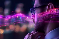 Bearded man in glasses with glowing purple digital wave overlay effect against dark background with bokeh lights creating futuristic cyberpunk atmosphere.