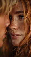 Close-up of young couple with freckles and red hair sharing an intimate moment, perfect for romance novel covers or relationship content.