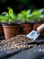 Garden soil on metal trowel with potted seedlings in background, macro shot showing texture and particles of fertile potting mix for spring planting.