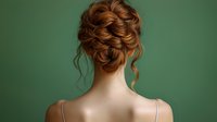 Elegant braided updo hairstyle with loose curly strands on young caucasian woman from behind against green background, showing bare shoulders and delicate neckline.