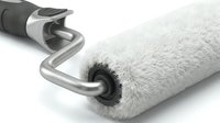 Paint roller with gray fuzzy cover on white background, used for interior wall painting and home renovation projects.