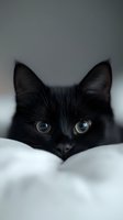 Close-up portrait of black cat with bright green eyes peeking over white bedding, creating mysterious and playful mood for pet photography and social media content.