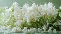Fresh frisée lettuce with curly white leaves and light green stems captured in macro photography showing delicate texture and natural patterns.
