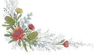 Elegant floral corner arrangement with red blooms and green foliage on white background, isolated for wedding invitations and greeting card designs.
