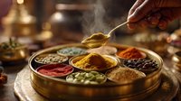 Hand adding spice with golden spoon to traditional circular spice box containing vibrant curry, paprika, and other aromatic seasonings for authentic cooking.