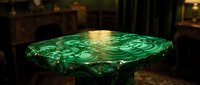 Luxurious malachite stone table with vivid green swirling patterns, set in an elegant dark interior, showcasing natural mineral beauty and opulent design.