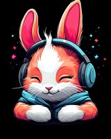 Cute smiling bunny wearing blue headphones and scarf on black background with sparkles, cartoon style character for gaming and music related designs.