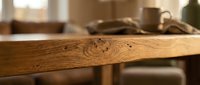 Close-up of natural wood grain texture on wooden table surface with warm lighting and blurred kitchen background for interior design projects.