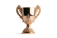 Luxurious rose gold trophy with ornate baroque handles and decorative base on white background, isolated award symbol for achievement and victory.