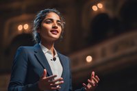 Confident South Asian businesswoman delivering inspiring presentation on stage with elegant gestures and professional attire against blurred auditorium background.