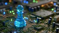 Transparent blue chess pawn piece on computer circuit board with colorful LED lights representing artificial intelligence and strategic technology concepts.