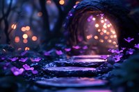Mystical cave entrance with glowing purple lights and stone pathway leading into magical underground tunnel with warm bokeh illumination for fantasy concepts.