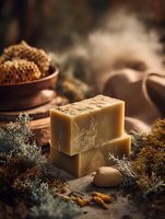 Natural handmade honey soap bars with honeycomb and herbs in rustic setting. Organic skincare product for spa and wellness treatments.