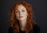 Young woman with vibrant red curly hair and freckles against dark background, showcasing natural beauty in professional portrait.