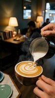 Barista pouring steamed milk creating latte art in coffee cup at cozy cafe with warm lighting and blurred customers in background for hospitality concepts.