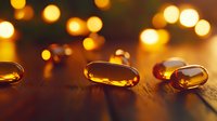 Macro shot of amber-colored supplement capsules on wooden surface with warm bokeh lights creating magical evening atmosphere. Wellness concept.