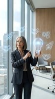 Professional businesswoman presenting innovative ideas with holographic lightbulb and business icons in modern office environment for corporate presentations.