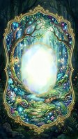 Enchanted forest portal with ornate golden frame, magical glowing pathway through mystical woodland scene with fairy lights and luminous center space.