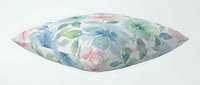 Watercolor floral pillow with soft pink roses, blue flowers, and green leaves on white background. Isolated design element for home decor and textile projects.