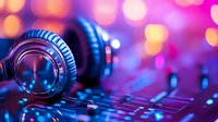 Professional DJ headphones on mixing console with vibrant purple and blue bokeh lights in nightclub atmosphere, music equipment close-up with soft focus background.