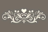Elegant cream-colored floral ornament with heart motif and symmetrical swirls on brown background, isolated design element for wedding stationery and decorative projects.