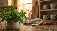 Fresh mint plant in ceramic pot on wooden kitchen counter with natural sunlight streaming through window creating warm atmosphere for cooking.