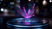 Magical glowing pink splash effect with sparkles and particles floating above futuristic platform against dark background with bokeh lights.