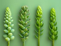 Fresh green succulent stems arranged in row showing plant growth progression on mint background. Botanical nature study for gardening and design.