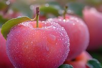 Fresh red apple with water drops and morning dew on surface, green leaf attached, soft blurred background with more apples creates depth of field effect.