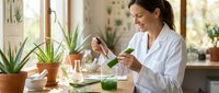 Woman in white lab coat examining green plant extract in glass beaker at wooden table with potted plants, conducting natural skincare or botanical research and development.