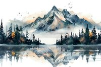 Watercolor mountain landscape with lake reflection, pine forest silhouettes and flying birds in misty morning atmosphere, soft orange and blue tones.