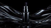 Luxury black cosmetic serum bottle with dropper on dark background with flowing silk fabric elements creating dramatic premium product presentation.