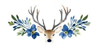 Watercolor deer head with blue floral arrangement featuring antlers adorned with delicate wildflowers and foliage in navy and green tones, suitable for wedding stationery.