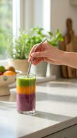 Person holding stainless steel straw in layered smoothie drink with green, orange and purple fruit blend on kitchen counter with plants and natural light.
