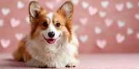 Adorable Welsh Corgi puppy with fluffy fur and bright eyes lying on pink background with heart pattern, perfect for pet-themed Valentine's Day designs.