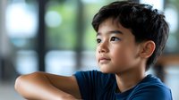 Young Asian boy in blue shirt looking thoughtfully to the side in bright indoor setting with natural window light creating warm educational atmosphere.