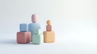 Colorful wooden toy blocks in pastel colors stacked and arranged on white background. Minimalist children educational toys for creative play and learning.