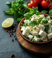 Fresh feta cheese cubes garnished with herbs, served in wooden bowl with cherry tomatoes, lemon and peppercorns on dark stone background. Mediterranean cuisine.