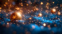 Abstract blue and gold bokeh lights creating magical flowing waves with sparkling particles and glowing orbs for festive backgrounds and luxury designs.