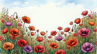 Watercolor poppy field with red orange purple flowers blooming in meadow under cloudy sky. Spring summer floral botanical nature scene for greeting cards.