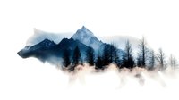 Misty mountain landscape with silhouetted pine trees in fog. Atmospheric nature scene with layered peaks and ethereal clouds for wall art and decor.