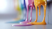 Vibrant dripping paint in rainbow colors flowing down surface, featuring orange, pink, and blue liquid streams creating artistic abstract pattern on gray background.