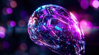 Glowing glass sphere with neon pink and blue light reflections on dark background with bokeh effect creates futuristic cyberpunk atmosphere.