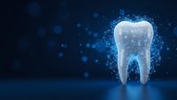 Digital tooth with glowing blue network connections on dark background for dental technology and healthcare innovation concepts.