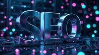 Metallic SEO letters with glowing neon lights and bokeh effects on dark digital background for search engine optimization and web marketing concepts.