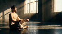 Shirtless young man of South Asian descent sitting in meditation pose on wooden floor in sunlit industrial loft space, practicing mindfulness and yoga indoors.