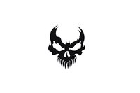 Black demonic skull with sharp teeth and horns isolated on white background for Halloween designs, gothic artwork, and horror-themed projects.