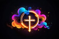 Glowing christian cross symbol surrounded by vibrant colorful smoke effect and neon circle on black background. For religious design and church media.