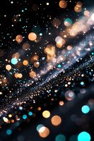 Magical bokeh lights scattered across dark background with glowing turquoise and golden orbs creating dreamy celestial atmosphere for festive designs and holiday projects.